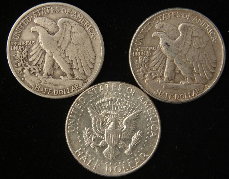 lot 65 image: 3 HALVES 1941-D, 1944 WALKING LIBERTY & 1964 KENNEDY