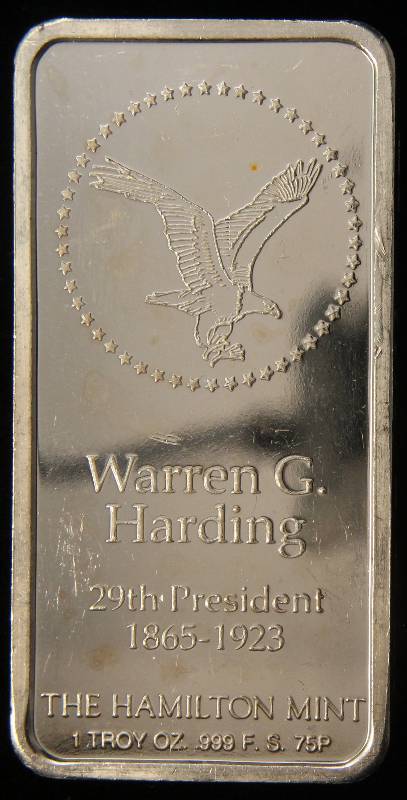 lot 75 image: 1 TROY OZ. .999 FINE SILVER BAR WARREN G. HARDING