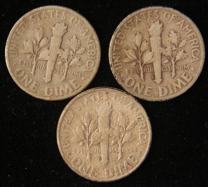 lot 79 image: 3 SILVER ROOSEVELT DIMES 1946 P-D-S