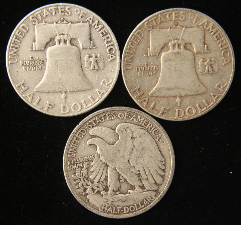 lot 80 image: 3 HALVES 1942-D WALKING LIBERTY, 1952-S, 1953-D FRANKLINS