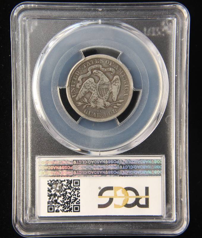 lot 01 image: 1876-CC CARSON CITY SEATED LIBERTY QUARTER VF20 PCGS