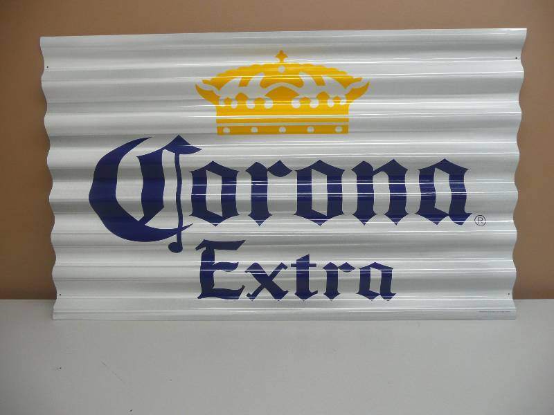 lot 4 image: NOS CORONA BEER CORRUGATED TIN SIGN - NEW CONDITION - APPROX 35WIDE 22HIGH - SEE PICTURES