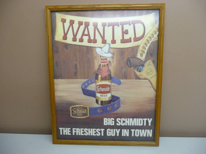 lot 14 image: VINTAGE & RARE SCHMIDT BEER PROFESSIONALLY FRAMED SIGN (WANTED BIG SCHMIDTY) APPROX 19WIDE 25HIGH