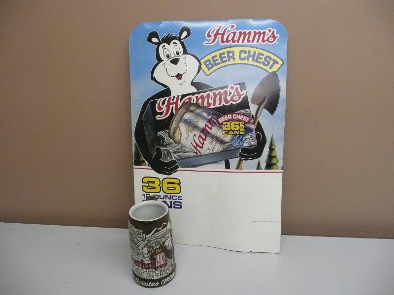 lot 17 image: VINTAGE HAMMS BEER OKTOBERFEST 1973 BEER STEIN WITH  RARE VINTAGE HAMMS BEER DOUBLE SIDED ADVERTISING CARDBOARD SIGN - APPROX 13WIDE 20HIGH & 2  SEE PICTURES