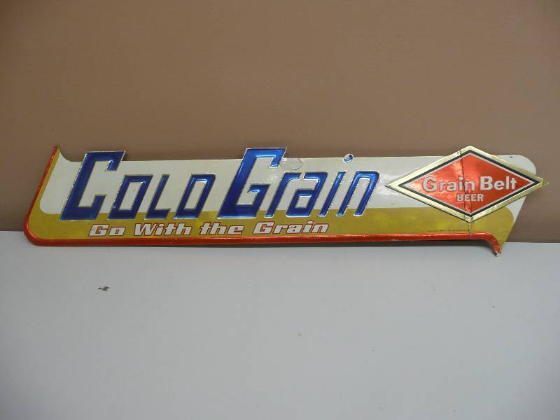 lot 20 image: RARE & VINTAGE GRAIN BELT BEER GO WITH THE GRAIN SIGN - FOIL OVER CARDBOARD APPROX 28WIDE 6HIGH - SEE PICTURES