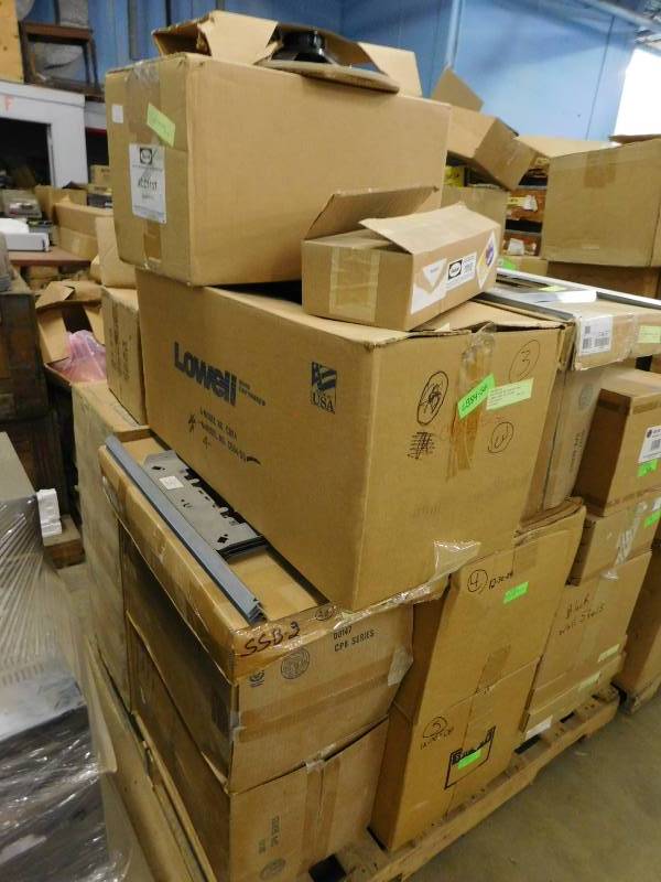 lot 13 image: Misc. Pallet of Sound Advance Transducers, Ceiling Speakers, Bogen Speaker Enclosures