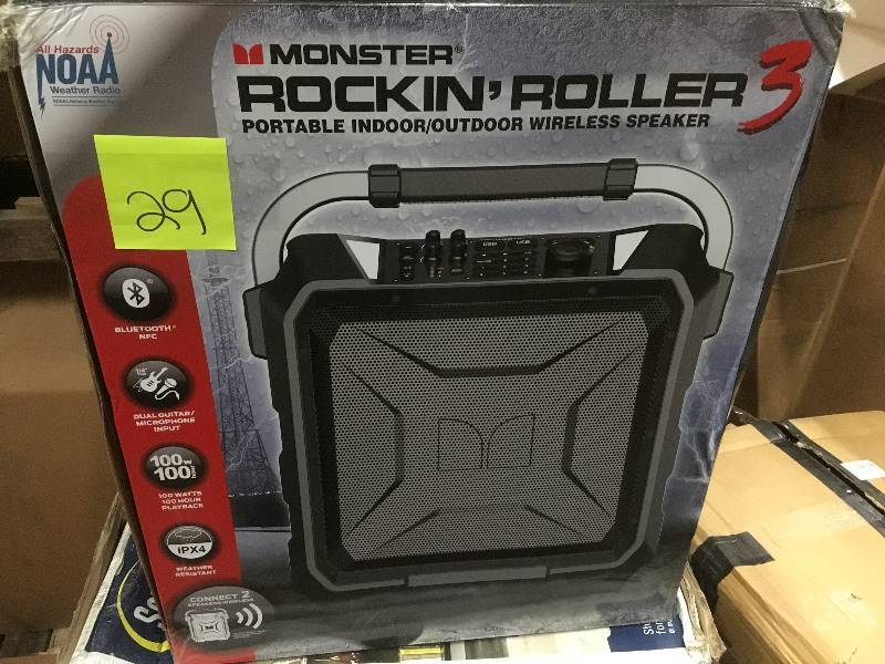 lot 29 image: Monster Rockin Roller 3 Portable IndoorOutdoor Wireless Speaker not used