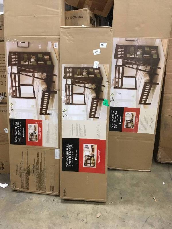 lot 53 image: Twin Over Full Loft Bunk Bed with Bookshelf open box never used