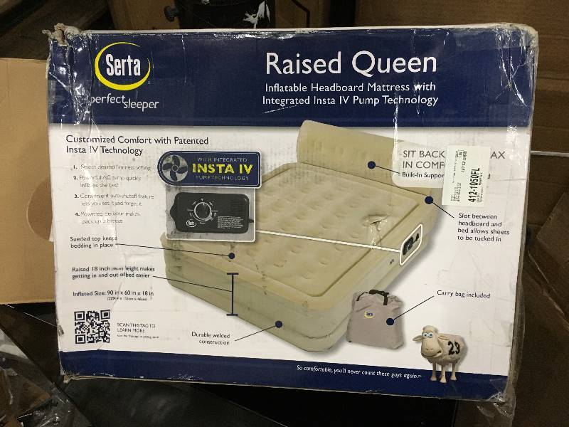 lot 78 image: Serta Perfect Sleeper Raised Queen Inflatable Headboard Mattress with Inegrated Insta IV Pump Technology