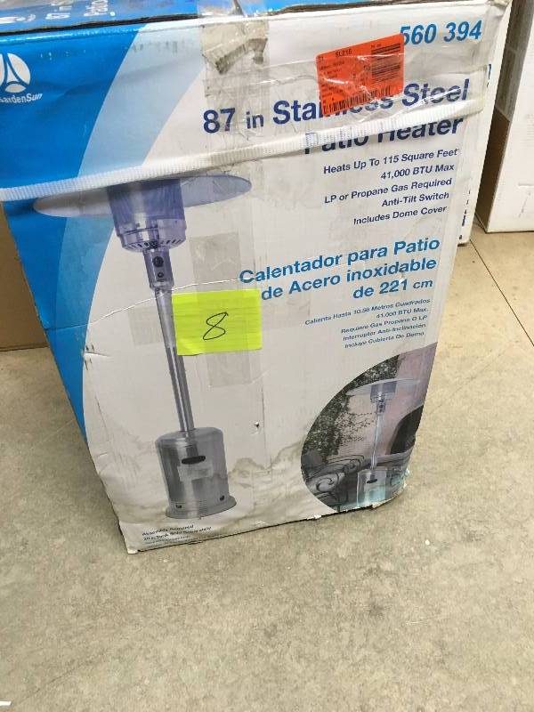 lot 8 image: Gardensun 41,000 BTU Stainless Steel Propane Patio Heater open box never used