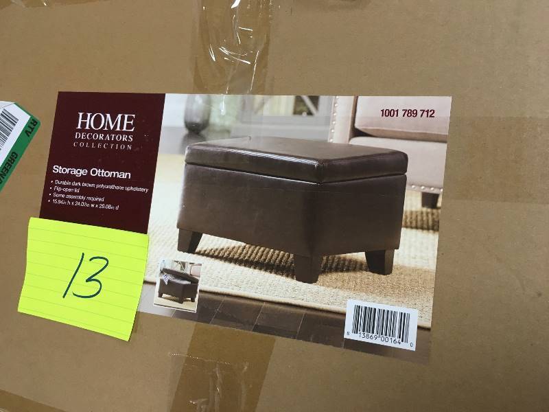 lot 13 image: Home Decorators Collection Classic Faux Leather Storage Ottoman in Dark Brown not used cover have small rip