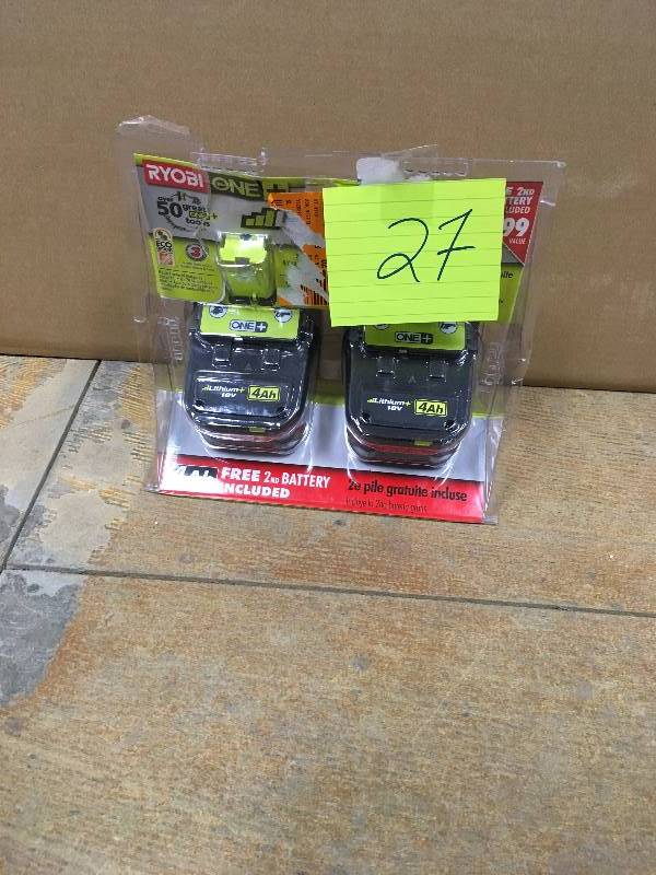 lot 27 image: Ryobi 18-Volt ONE Lithium-Ion High Capacity Lithium Battery Pack 4.0Ah (2-Pack) open box never used