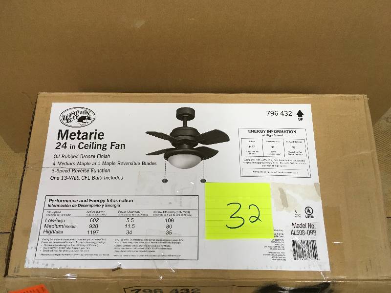 lot 32 image: Hampton Bay Metarie 24 in. Indoor Oil-Rubbed Bronze Ceiling Fan with Light Kit not used