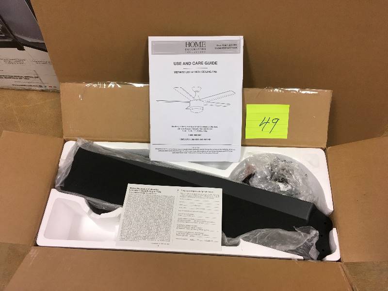 lot 49 image: Home Decorators Collection Merwry 52 in. Integrated Indorr LED Matte Black Ceiling Fan with Light Kit and Remote Control not used