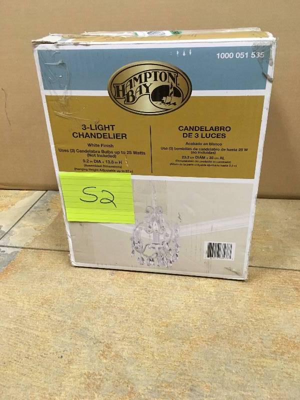 lot 52 image: Hampton Bay 3-Light White Mini Chandelier with Crystal Drops and Crystal Bead Strands not used