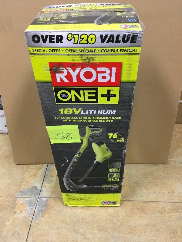 lot 58 image: Ryobi 18-Volt Lithium-Ion Cordless String TrimmerEdger and BlowerSweeper Combo Kit open box never used