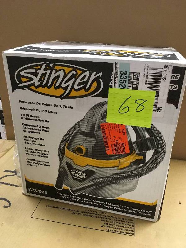 lot 68 image: Stinger 2.5 Gallon 1.75 Peak HP Compact Wet Dry Vac, YellowGolds in working conditions