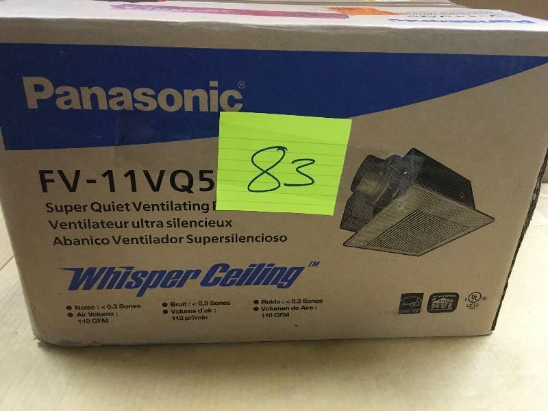 lot 83 image: Panasonic Whispering Ceiling Bathroom Fan, 110 CFM open box never used