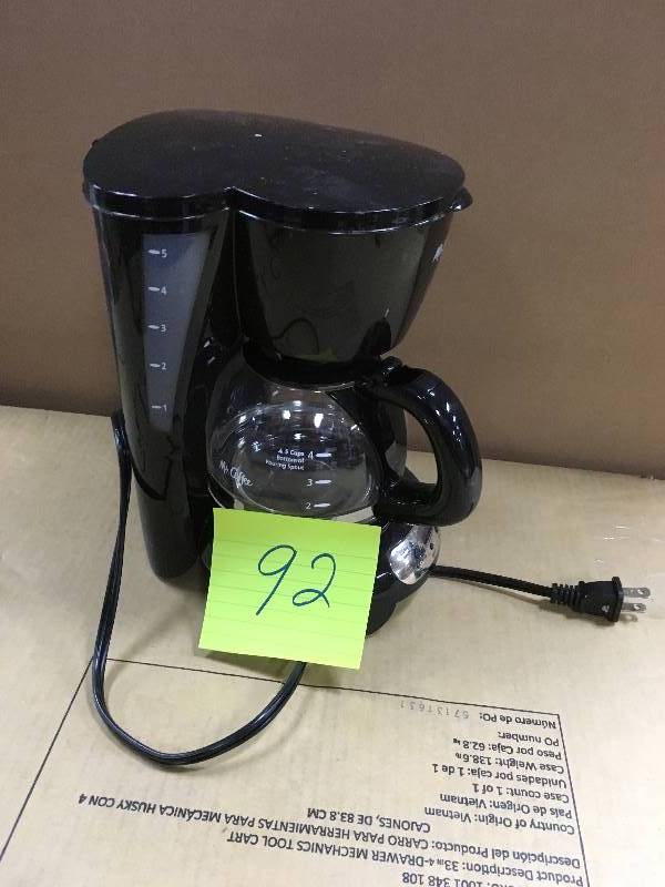 lot 92 image: Mr. Coffee Programmable Drip Coffeemaker, 5-Cup Black Stainless  in working conditions