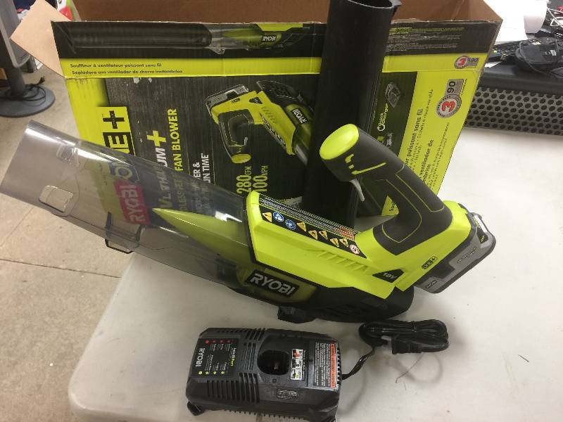 lot 117 image: Ryobi ONE 100 MPH 280 CFM Variable-Speed 18-Volt Lithium-Ion Cordless Jet Fan Leaf Blower - 4Ah Battery and Charger Included open box never used