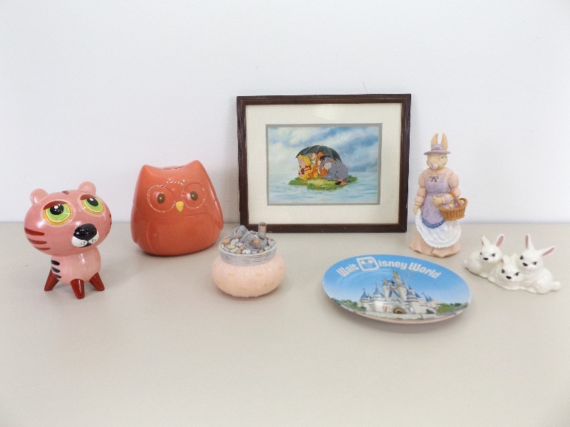 lot 39 image: Lot of KidsFigurines etc. Decor Including Framed Winnie the Pooh Cell