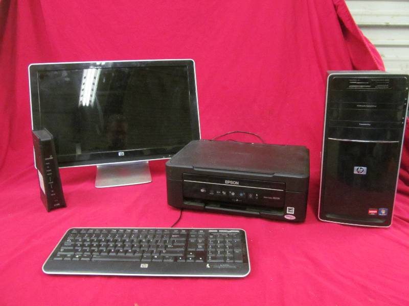 lot 13 image: HP monitor, keyboard, Epson scanner printer, HP tower