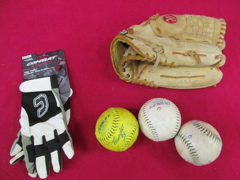 lot 55 image: batting gloves, softballs