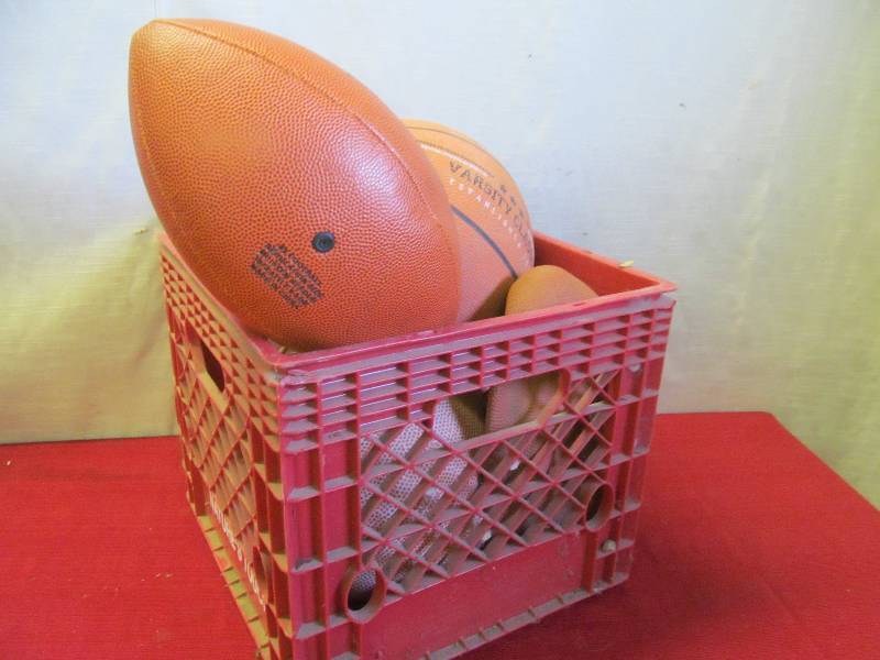 lot 155 image: basketball, football, milk crate