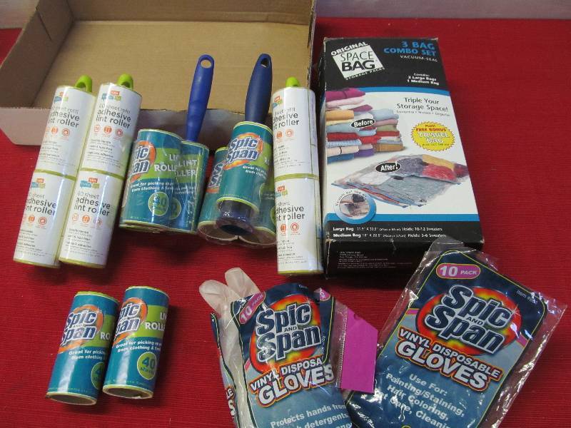 lot 202 image: Adhesive lint remover, Lint remover, Spic Span gloves, Space saving bags
