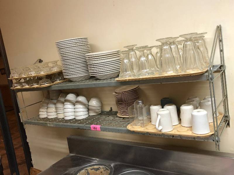 Wall Mount Shelf with Contents Misc cups, plates, bowls