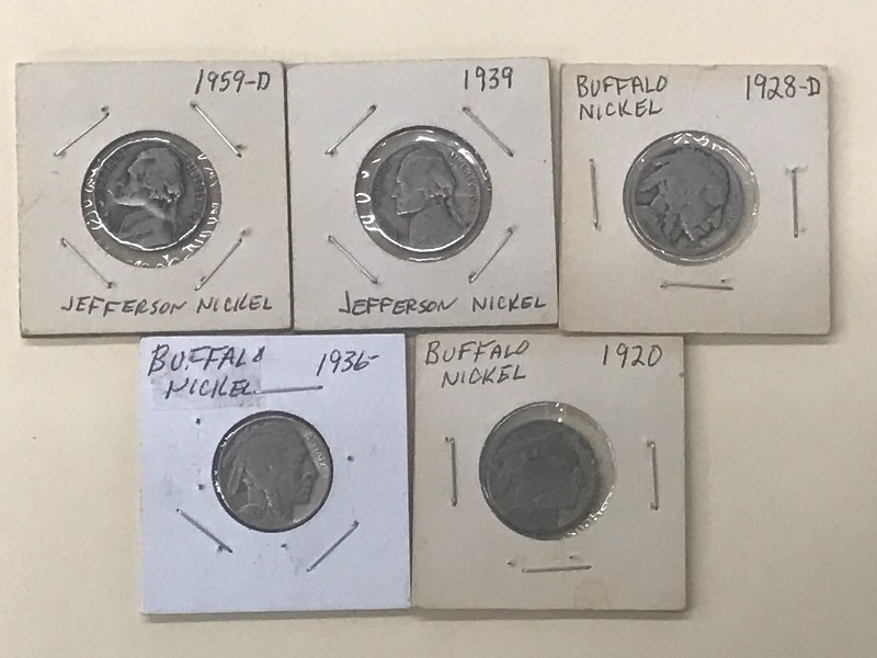 (5) Old Nickels 1920, 1928-D, 1936...