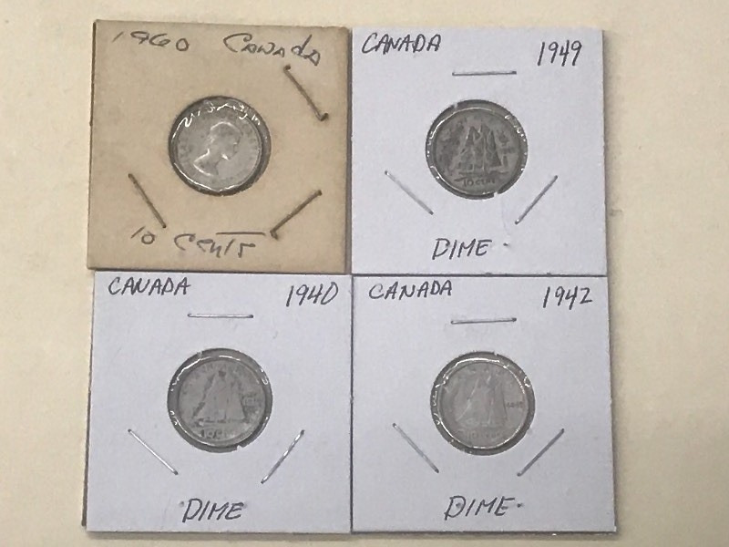 Old Canadian Silver Dimes 1940, 19...