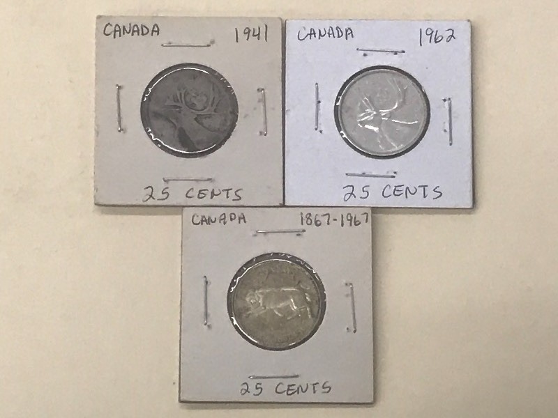 Old Canadian Silver Quarters 1941,...