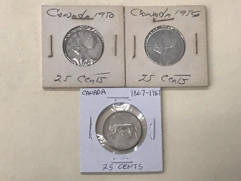 Old Canadian Silver Quarters 1950,...