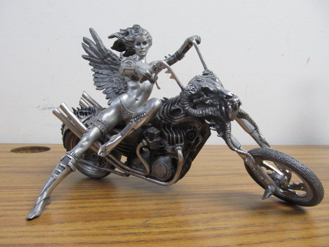 TFM Pewter Winged Goddess on Motorcycle Statue