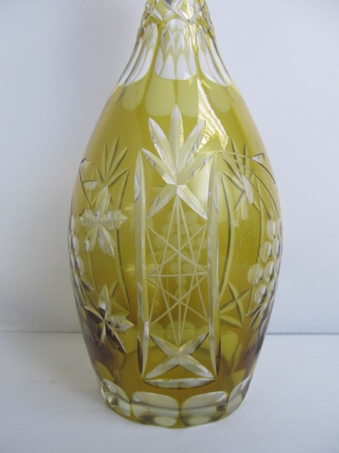 Large Antique Bohemian Cut To Clear Amber Crystal Decanter