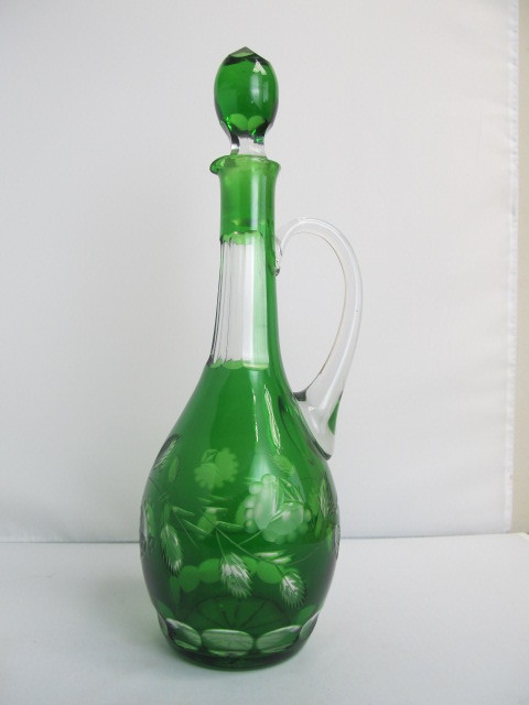 Antique Bohemian Cut To Clear Emerald Green Crystal Decanter