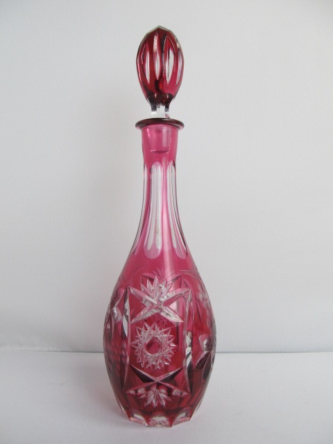 Antique Bohemian Cut To Clear Ruby Crystal Decanter