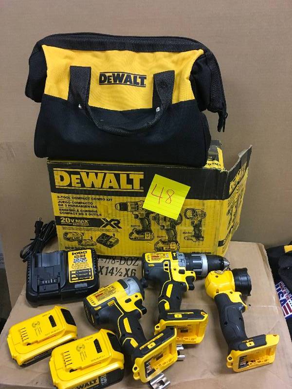 lot 48 image: DEWALT 20-Volt MAX XR Lithium-Ion Cordless Combo Kit (3-Tool) with 2Ah and 4Ah Batteries, Charger and Contractor Bag-DCK387D1M1 in like new condition