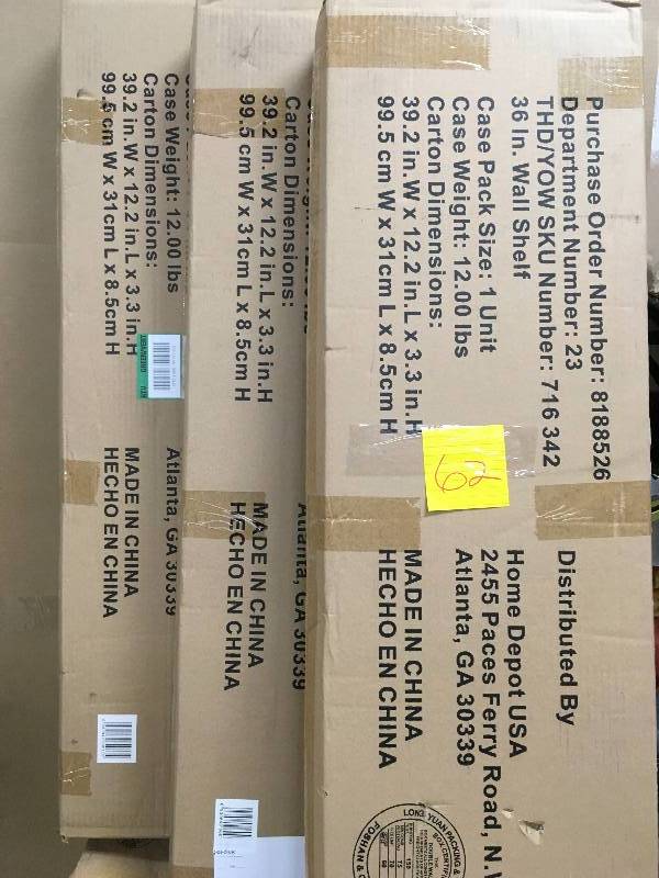 lot 62 image: Lot of 3 New Husky 9 in. H x 36 in. W x 9 in. D Steel Garage Wall Shelf