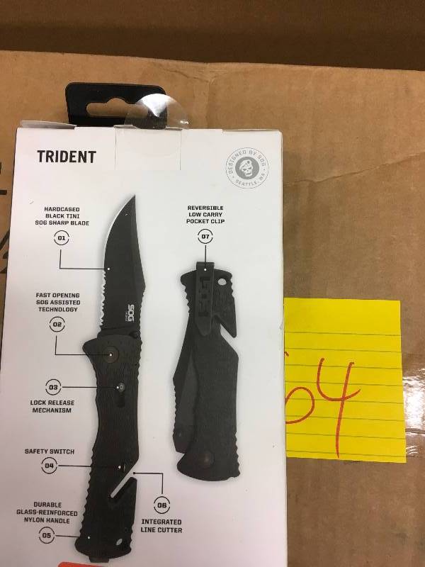lot 64 image: SOG Trident Assisted Folding Knife TF1-CP, Black TiNi 3.75 AUS-8