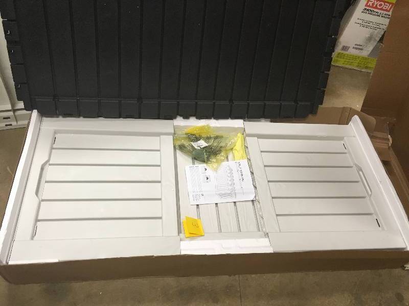 lot 3 image: Keter Rockwood 150-Gallon Outdoor Storage Deck Box not used damaged see pictures