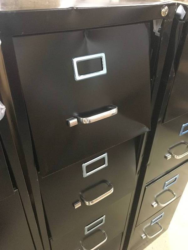lot 4 image: Lot of 3 Hirsh 4 drawer commercial letter size file cabinets damaged see pictures