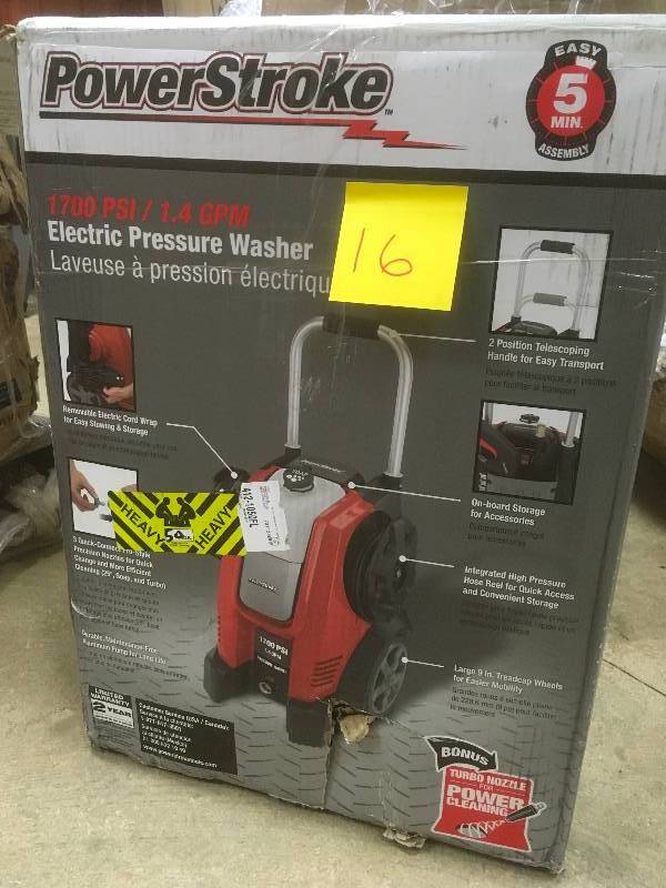 lot 16 image: Power Stroke 1700 PSI Electric preassure washer used in like new condition missing 1 quick connector