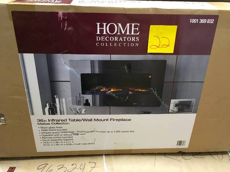 lot 22 image: Home Decorators Collection Matias 36 in. Glass Front WallStand Electric Fireplace open box not used