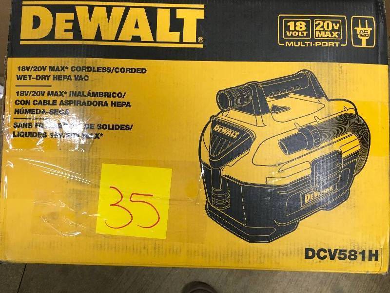 lot 35 image: DeWalt DCV581H 1820V MAX CordlessCorded Wet-Dry Vacuum Open box not used