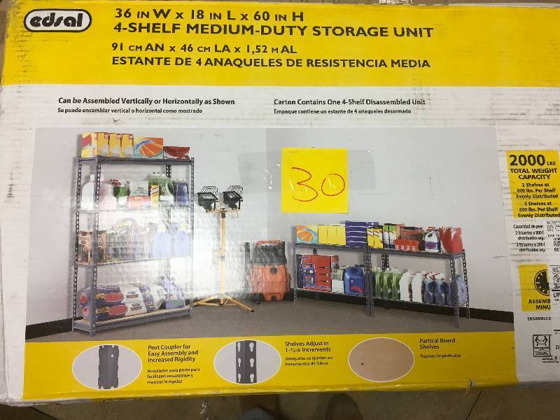 lot 30 image: Edsal 60 in. H x 36 in. W x 18 in. D 4-Shelf Steel Commercial Shelving Unit in Gray-UR361860