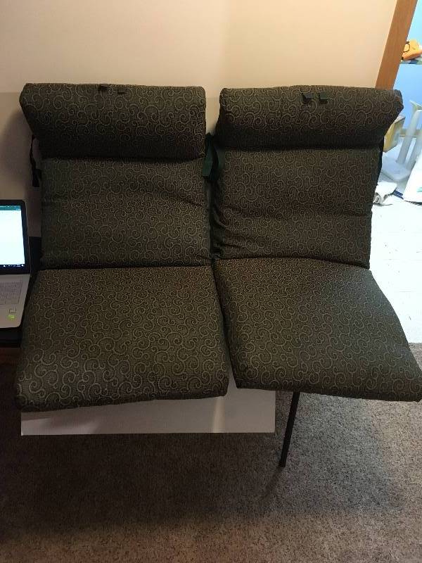 lot 104 image: 2 Fabric Chair Cushions Green & Tan