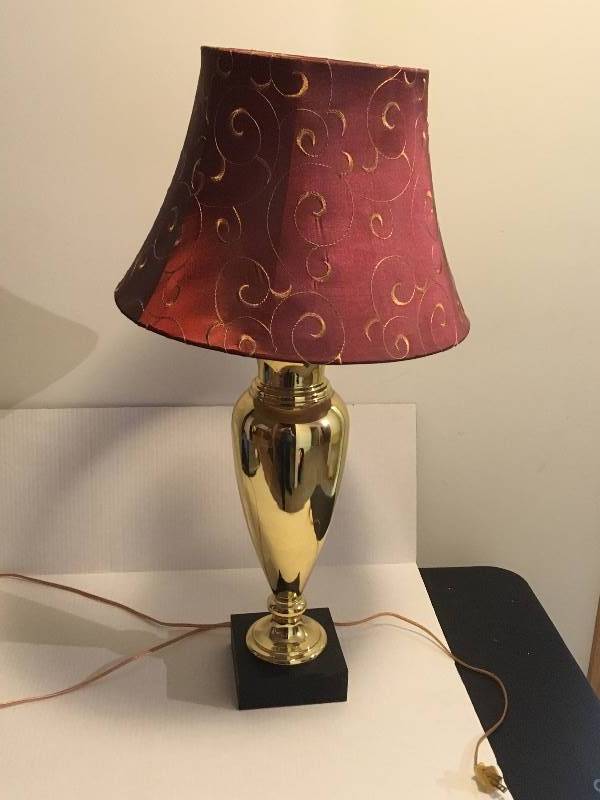 lot 105 image: Brass Lamp with Burgandy Fabric Shade
