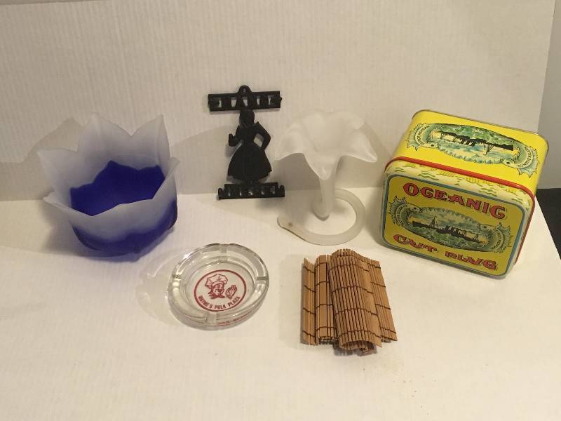 lot 117 image: Glass Vases, Key Holder, Adv Ashtray, Plug Tin